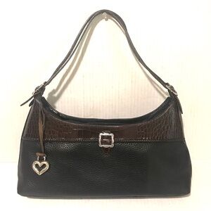 Brighton Black Pebbled Leather Croc Trim Handbag Shoulder Purse Bag Buckle Y2K